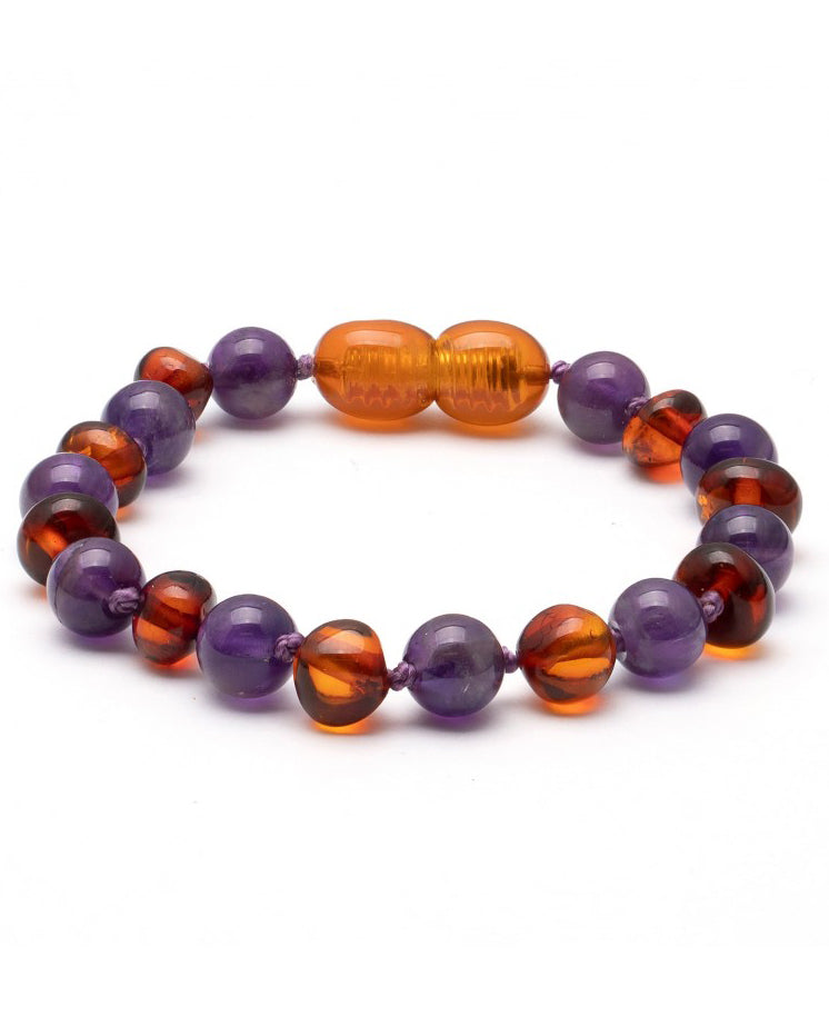 Barnsteen baby armbandje met edelstenen 14cm - amethist/cognac