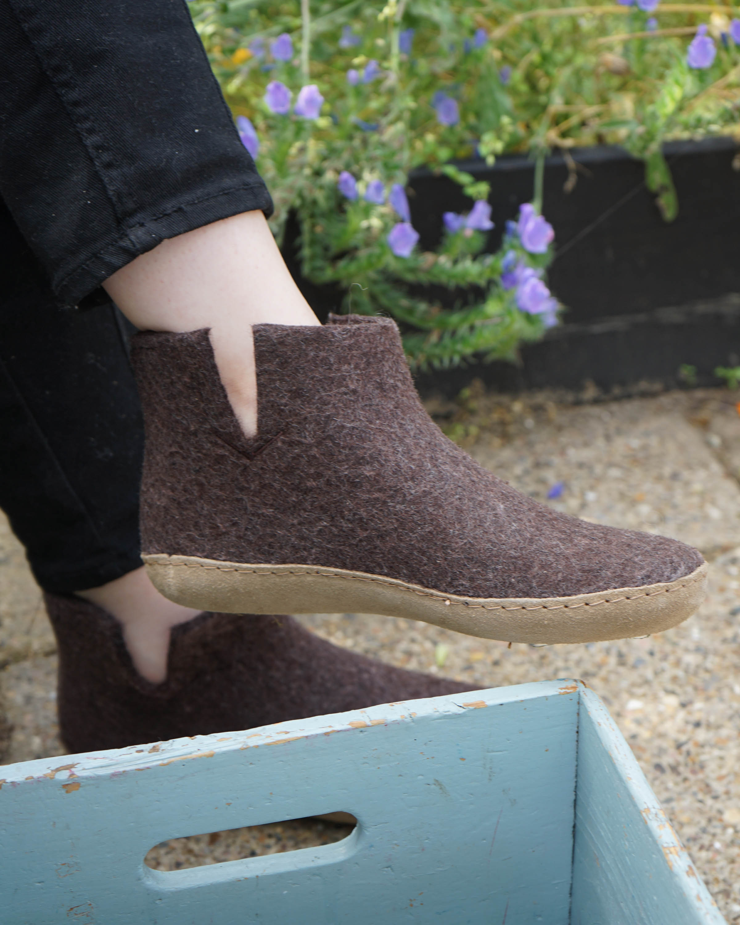 Wollen sloffen hoog model leren zool - chestnut