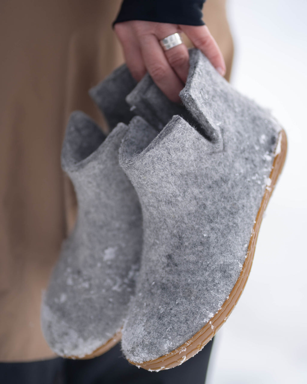 Wool slippers high leather sole - grey