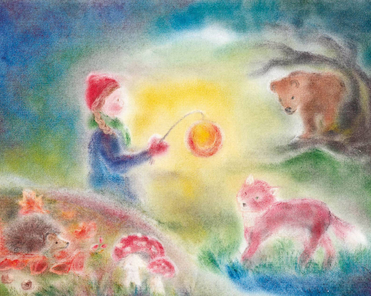 Postcard - girl with lantern and animals 