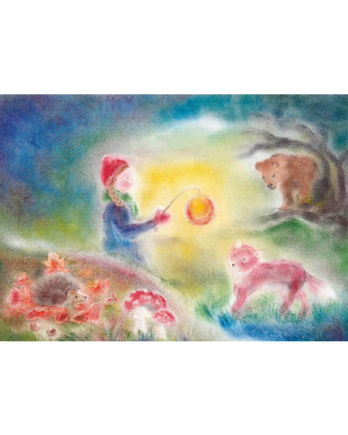 Kaart - meisje met lampion en dieren