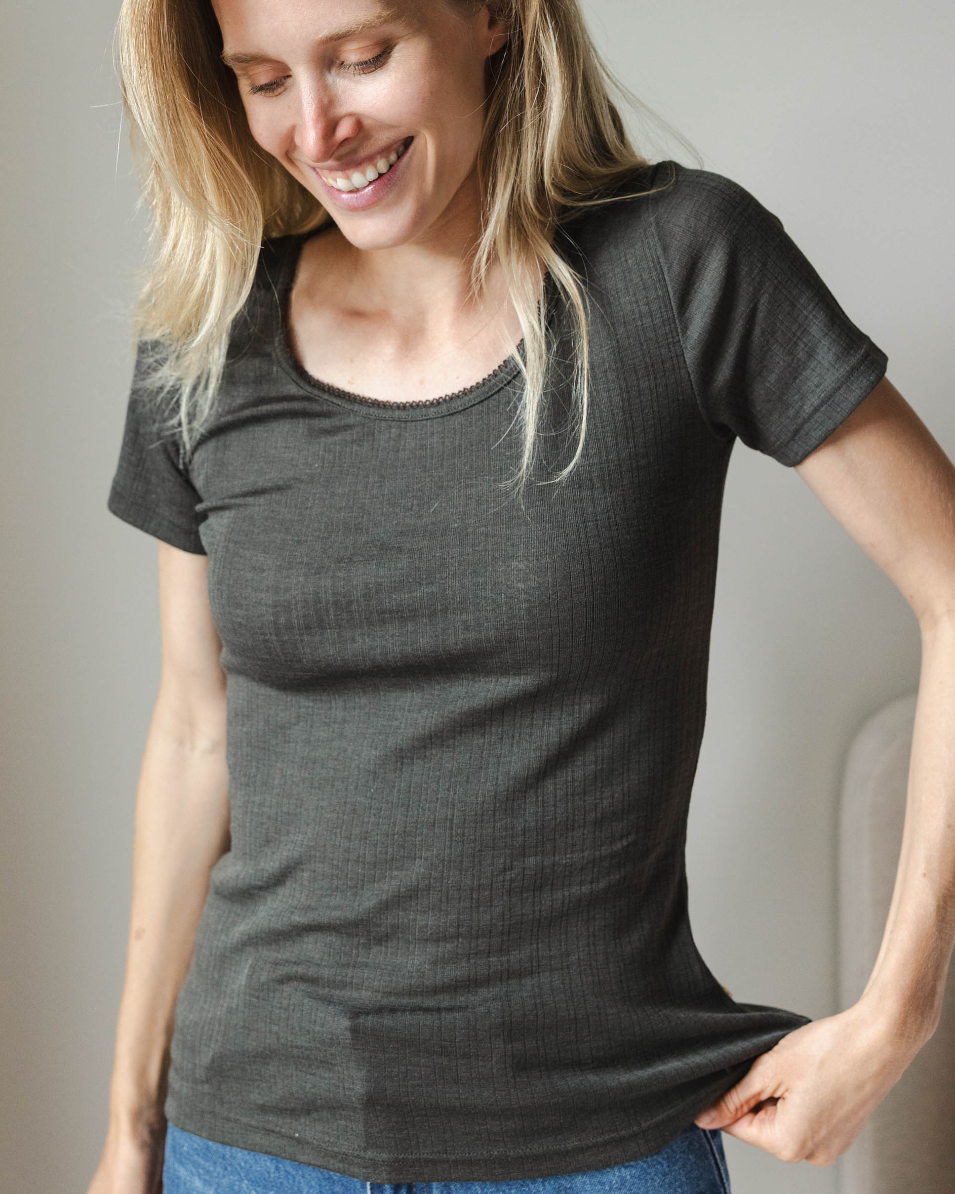 Women's shirt short sleeves rib wool/silk - wakame