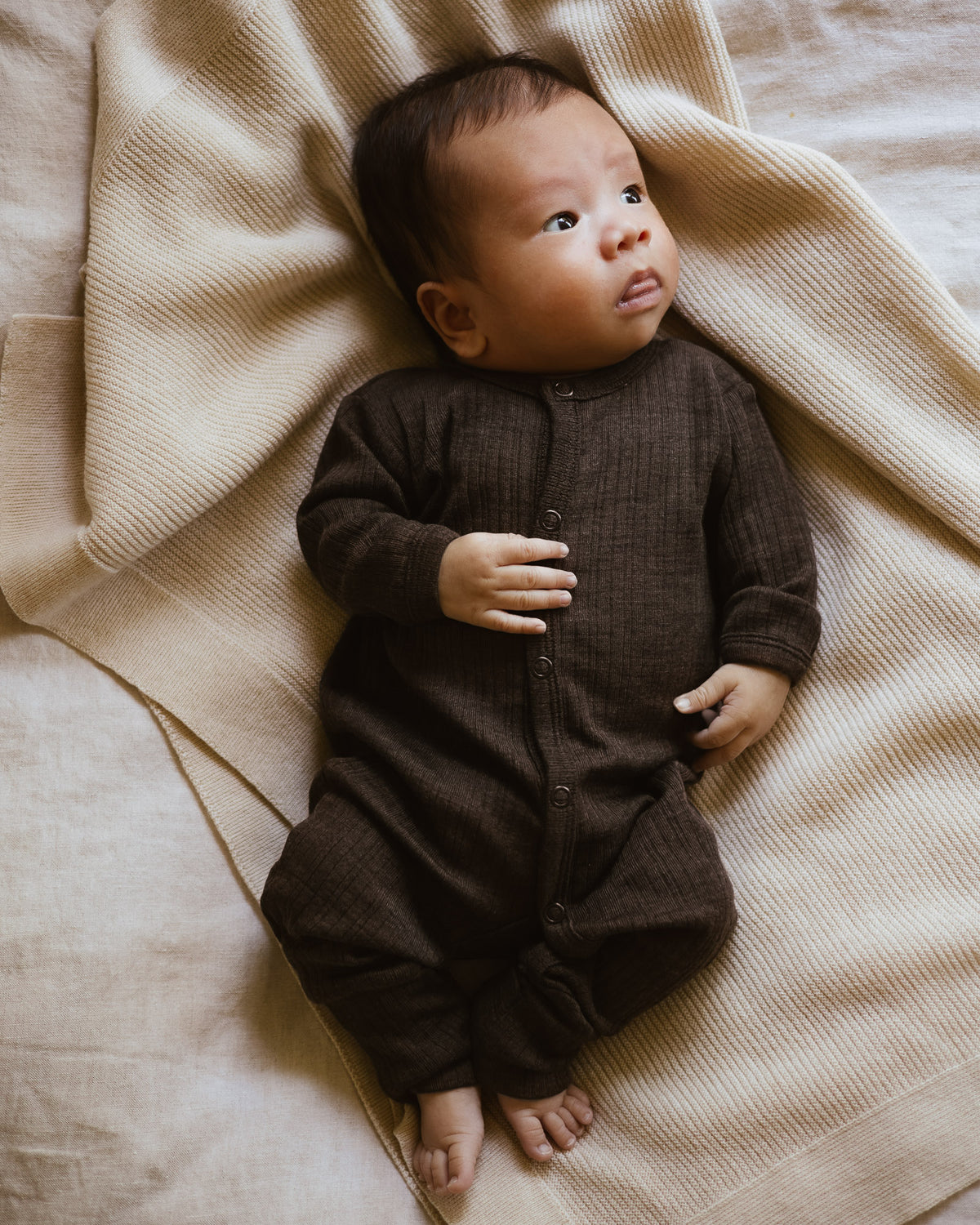 Onesie 2 in 1 feet rib wol/zijde - cocoa