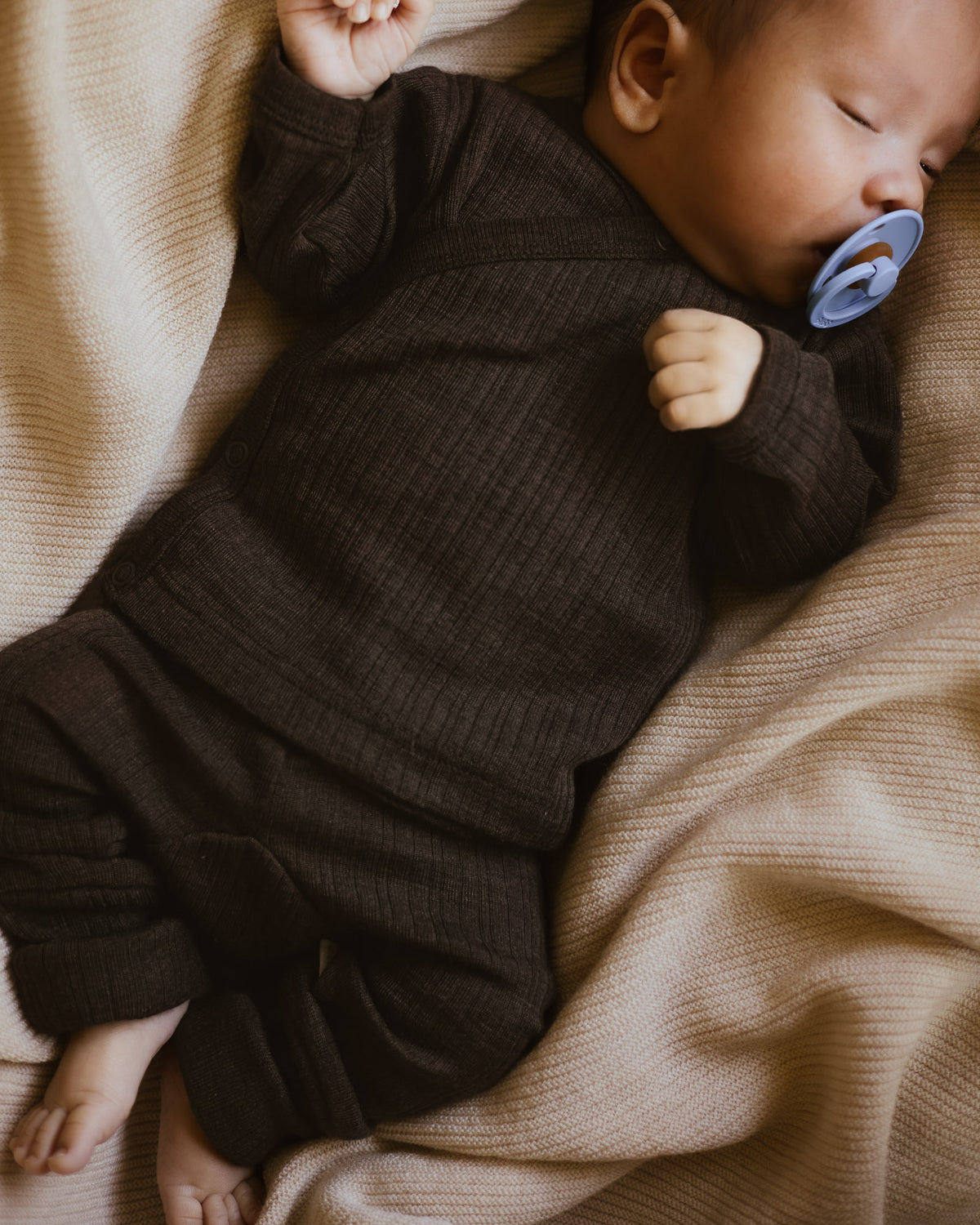 Baby pants 2 in 1 feet rib wool/silk - cocoa