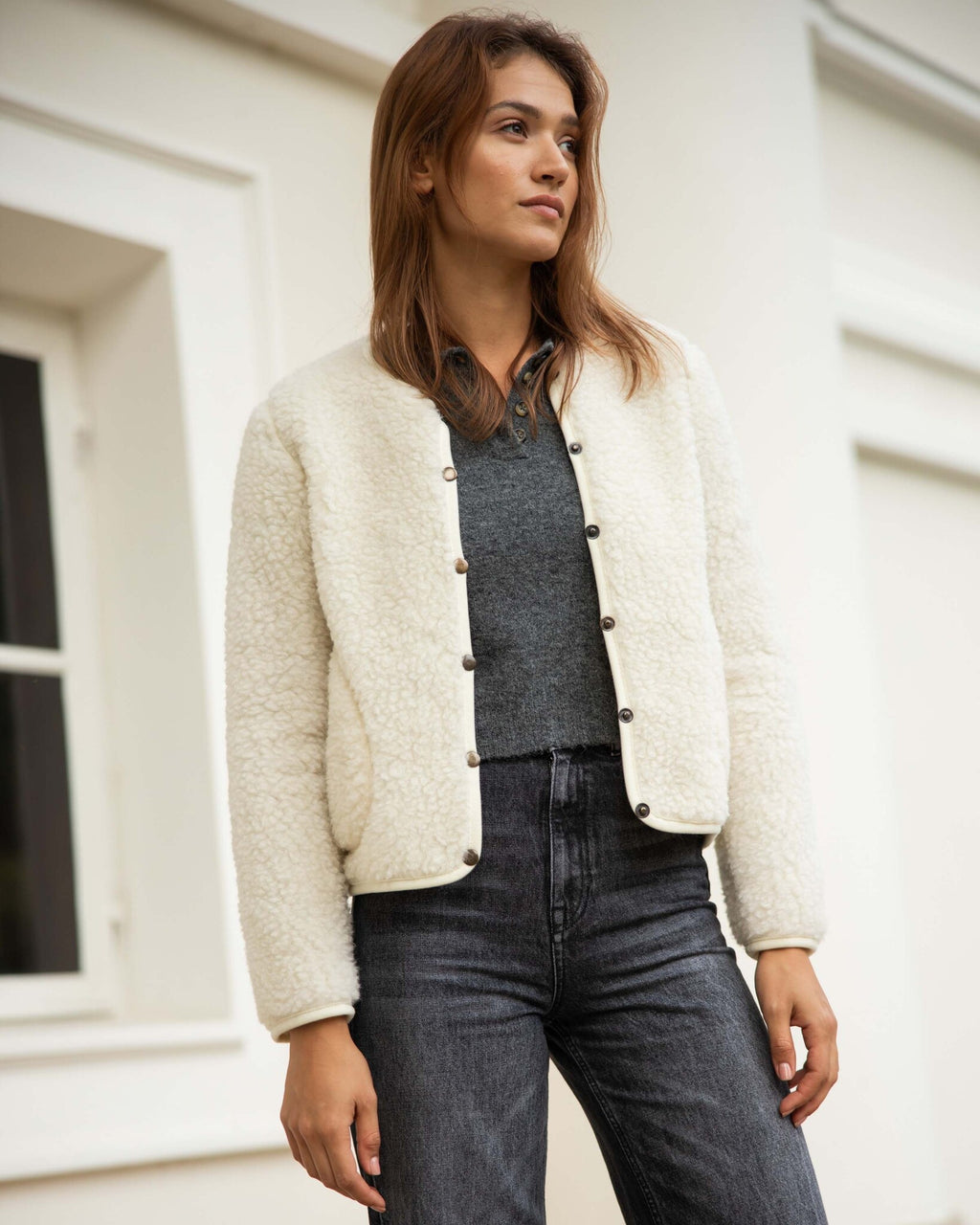 Alwero Dames vest met drukknopen van wol - naturel 2