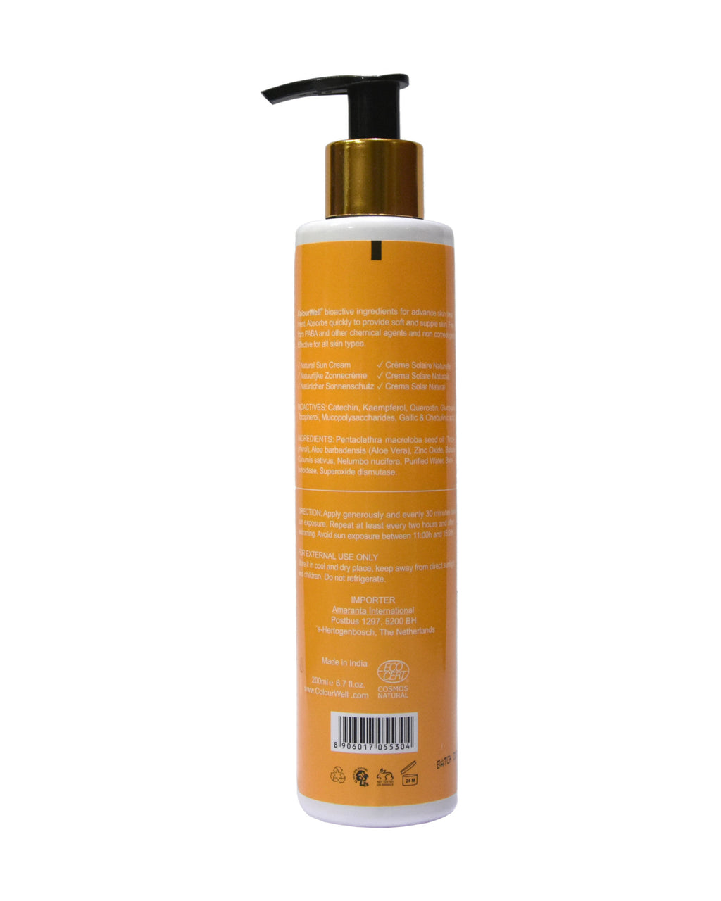 Colourwell zonnebrand creme SPF30 200ml flesje pompje achterkant
