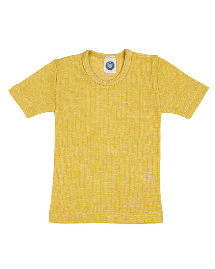 Kindershirt korte mouwen van wol:zijde:katoen - geel melange 91232-022