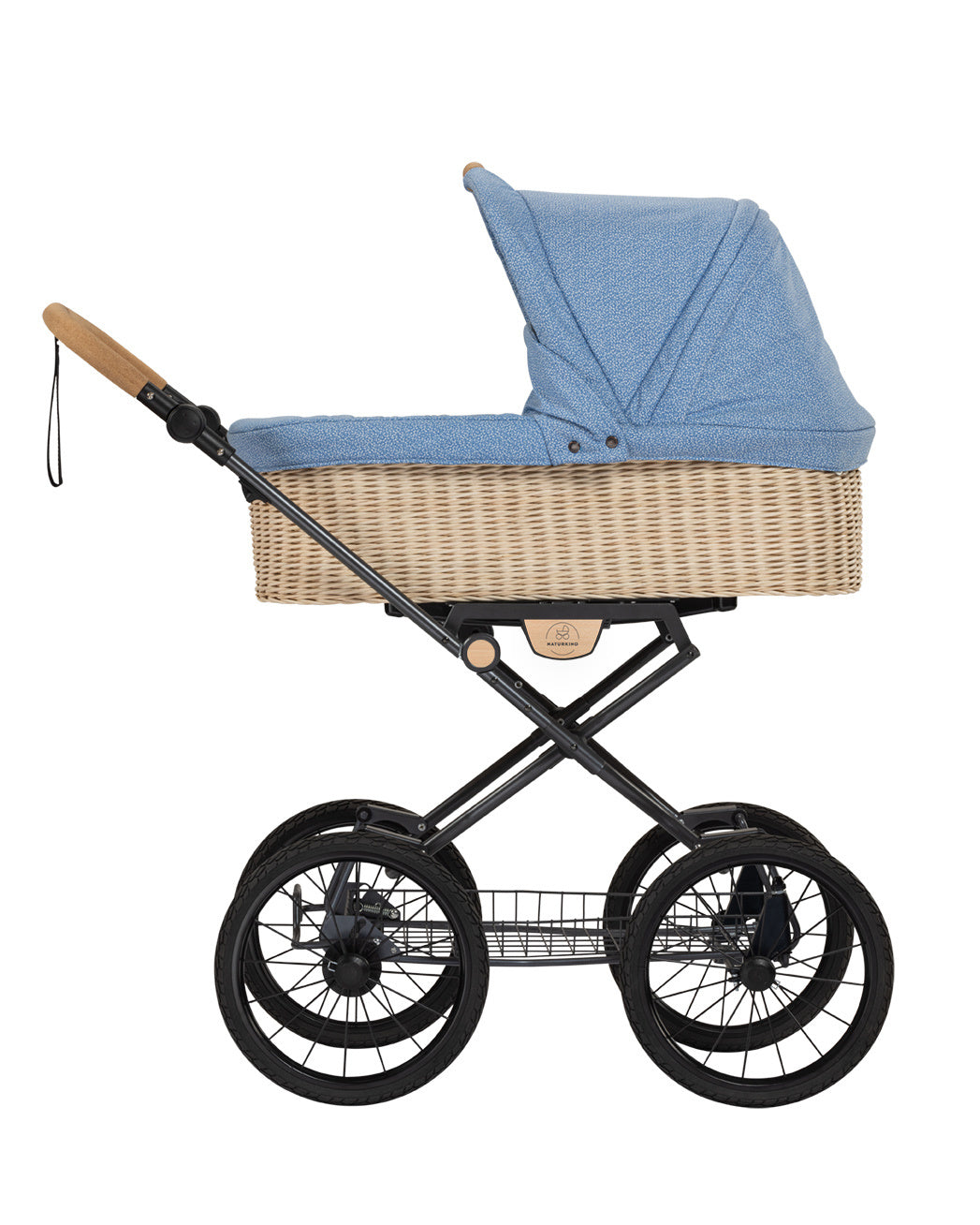 Kinderwagen Ida blue flowered - onderstel inclusief gevlochten reiswieg