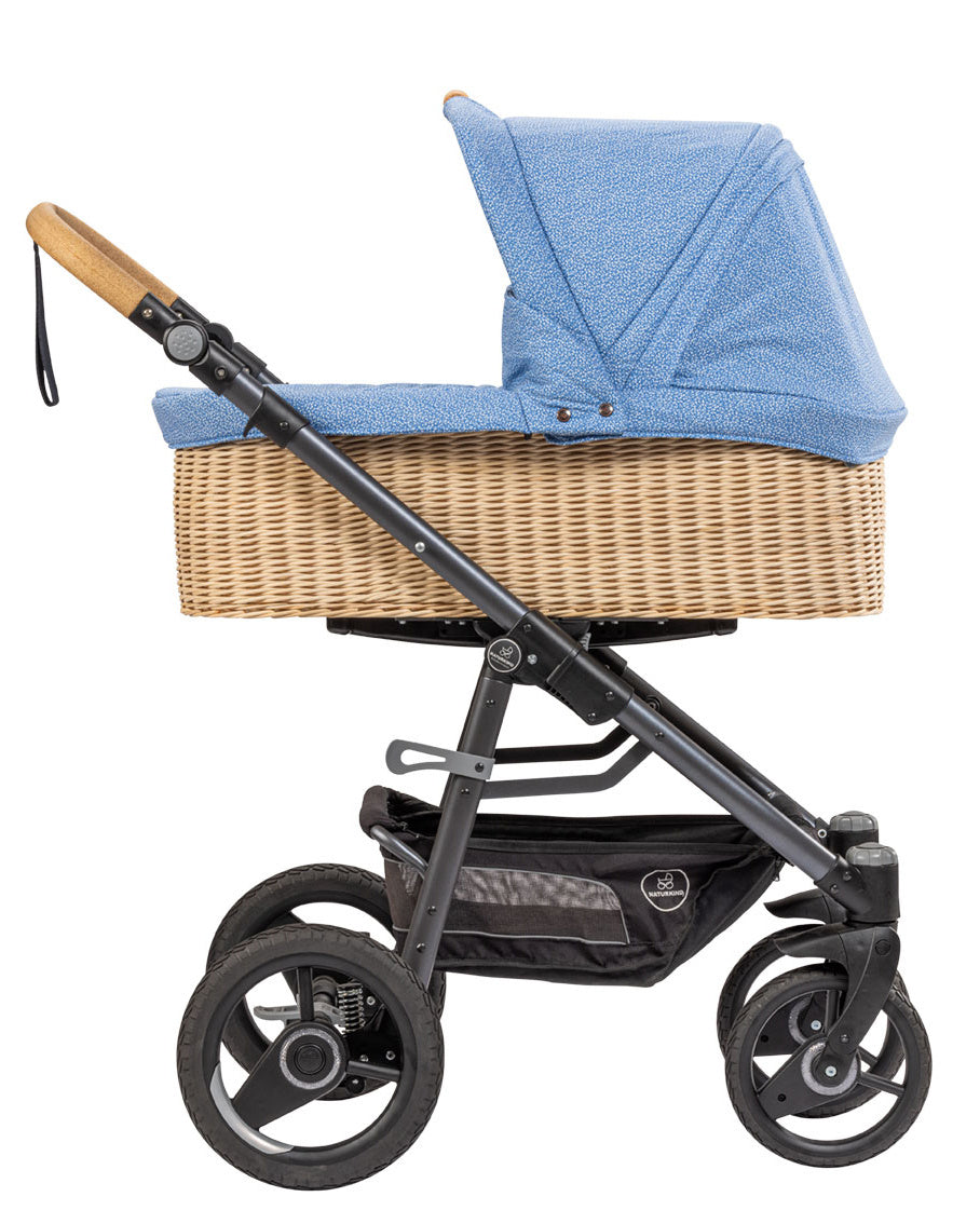 Kinderwagen Lux Evo blue flowered - onderstel inclusief gevlochten reiswieg