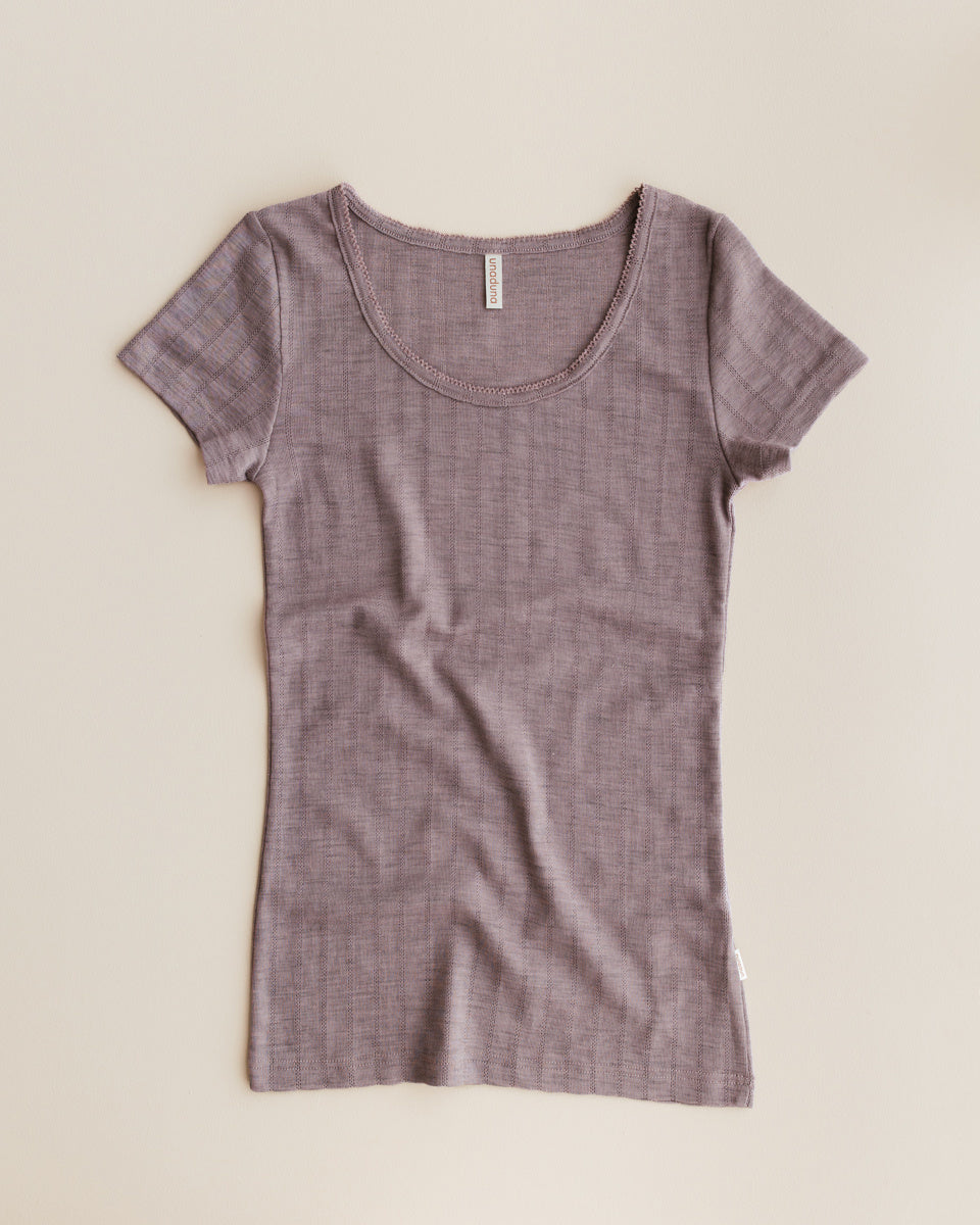 unaduna Dames short sleeves streepjes pointelle wol:zijde - heather melange