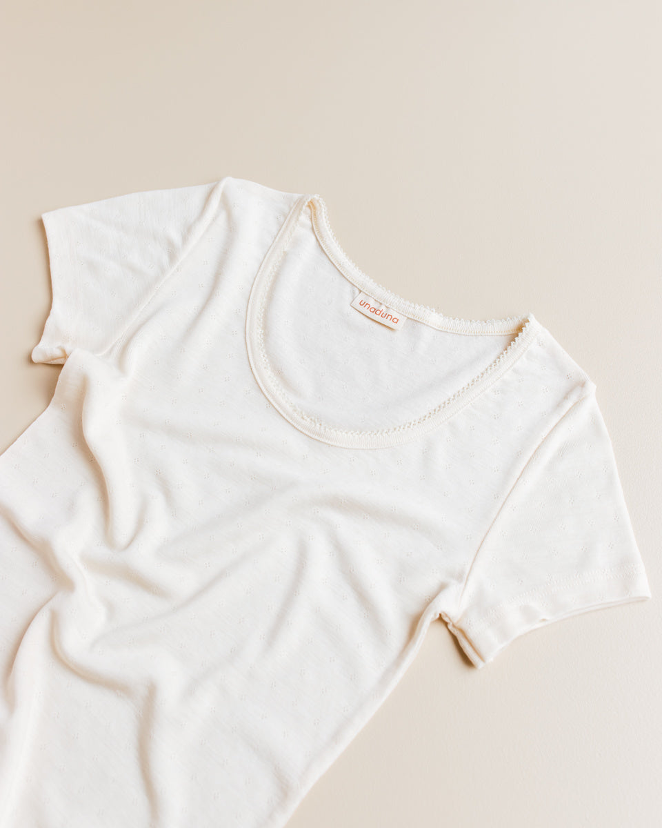 unaduna women's shirt short sleeves wool silk pointelle munkki natural